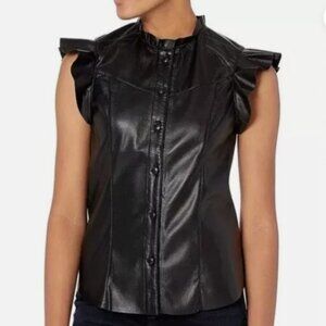 Joie Orien Top Vegan Leather Black Caviar Flutter Sleeve Size M NWT